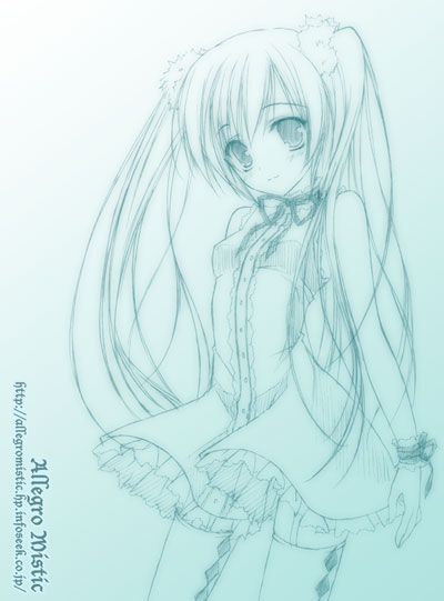 akane_(allegro_mistic), argyle_legwear, blue, long_hair, monochrome, original, sketch, skirt