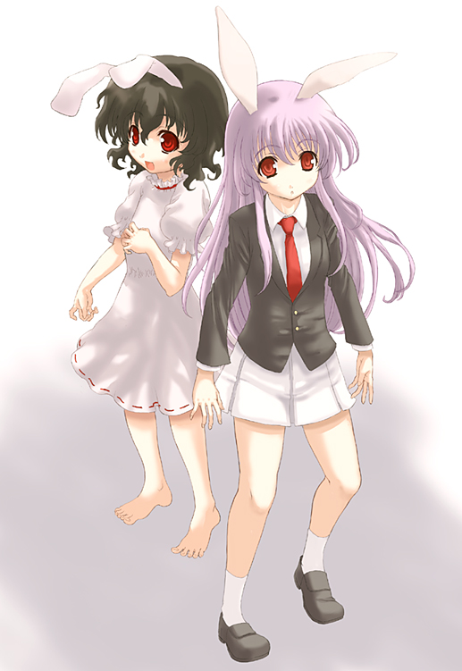 2girls, animal_ears, barefoot, female, full_body, gradient, gradient_background, inaba_tewi