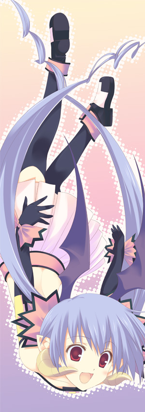 1girl, :d, back, bat_wings, black_legwear, blue_hair, blush, boots, bow, demon_girl, elbow_gloves, flat_chest, flying, fullani, gloves, long_hair, mizuki_makoto, official_art, open_mouth, pleated_skirt, pointy_ears, red_eyes, ririn_rubii, ruby_lilim, skirt, smile, solo, thigh-highs, twintails, very_long_hair, wings