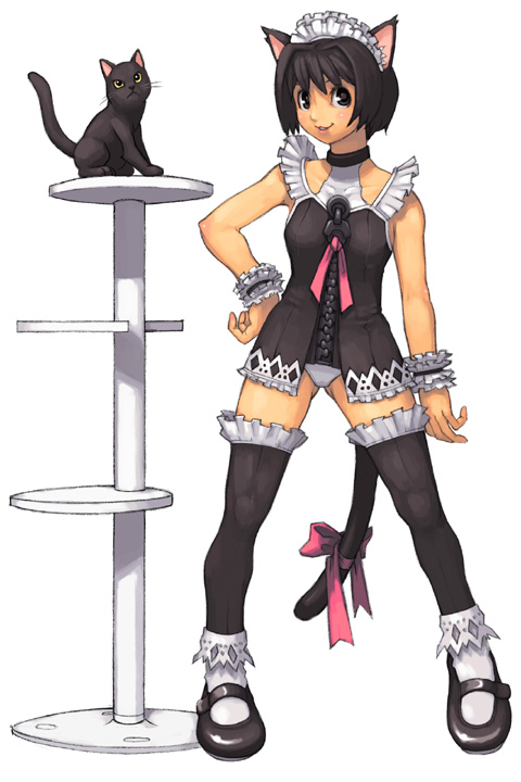 1girl, animal_ears, black_hair, black_legwear, cat, cat_ears, cat_tail, frills