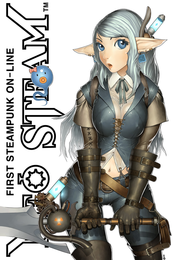 1girl, alien1452, belt, blue_eyes, boots, buckle, elf, gloves