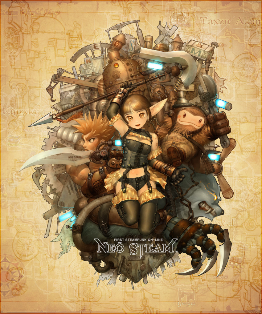 1boy, 1girl, alien1452, chibi, corset, elf, fantasy, highres
