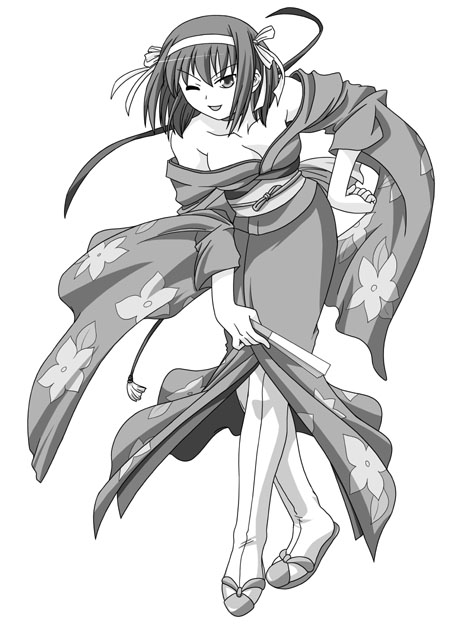 00s, 1girl, breasts, cleavage, crossover, greyscale, hairband, japanese_clothes