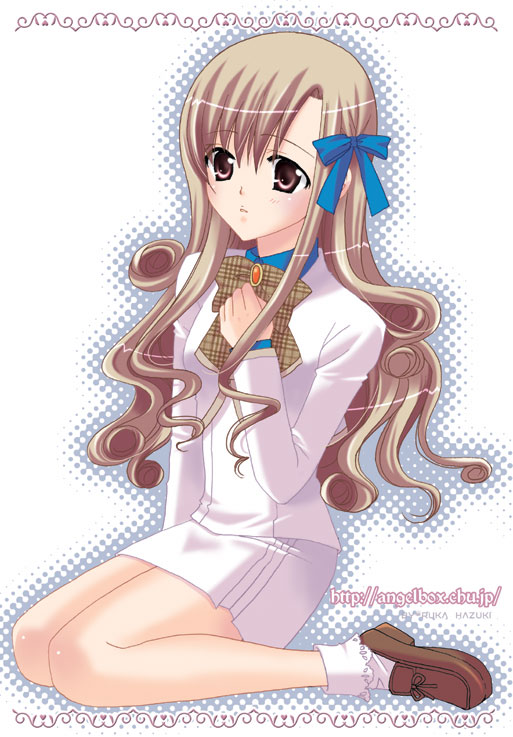 1girl, angelbox, bow, brooch, footwear, grey_hair, hair_bow, hazuki_ruka