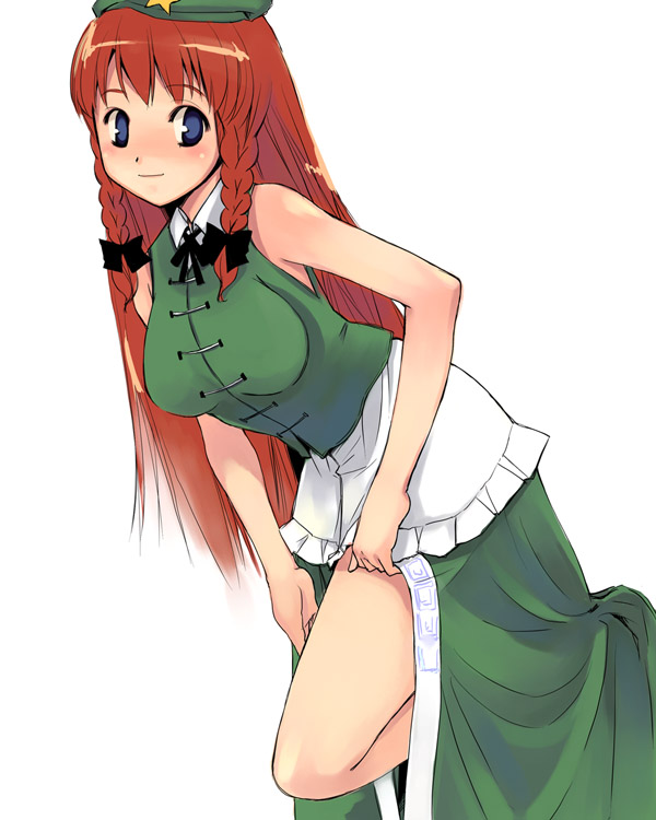 1girl, apron, beret, blue_eyes, blush, braid, breasts, chinese_clothes