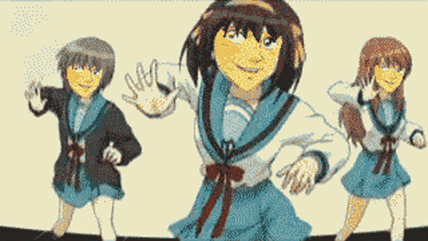 2boys, 3girls, animated, animated_gif, asahina_mikuru, crossover, gundou_musashi, hare_hare_yukai