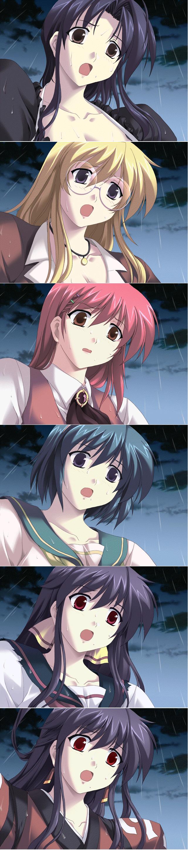 5girls, :o, absurdres, age_difference, ahoge, alternate_costume, alternate_hairstyle, anicd, aoki_sara, ascot, bangs, black_eyes, black_hair, blazer, blonde_hair, blue_eyes, blue_hair, breasts, brooch, brown_eyes, cleavage, clouds, collage, collarbone, comparison, earrings, everyone, frills, game_cg, glasses, hair_between_eyes, hair_intakes, hair_ornament, hair_ribbon, hair_rings, hairclip, half_updo, hanayama_magi, highres, jacket, japanese_clothes, jewelry, kim_kwang_hyun, kimono, kisetsu_no_hanayome, large_breasts, long_hair, long_image, mature, medium_breasts, milf, multiple_girls, necklace, night, night_sky, open_mouth, outdoors, puffy_sleeves, rain, red_eyes, redhead, ribbon, rimless_glasses, school_uniform, serafuku, shirt, short_hair, sidelocks, sky, surprised, tall_image, torn_clothes, upper_body, vest, wet, wet_clothes, yukishiro_asuka, yukishiro_hazuna, yukishiro_natsumi