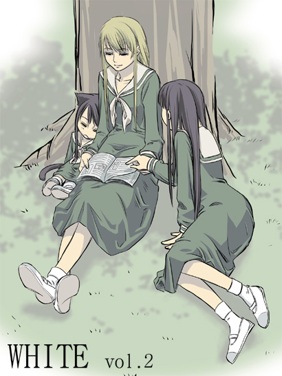 00s, 3girls, against_tree, animal_ears, black_hair, blonde_hair, book, cat_ears