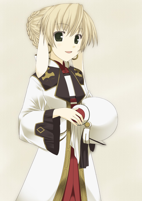 1girl, :d, animal_ears, blonde_hair, cowboy_shot, dog_ears, earrings, green_eyes