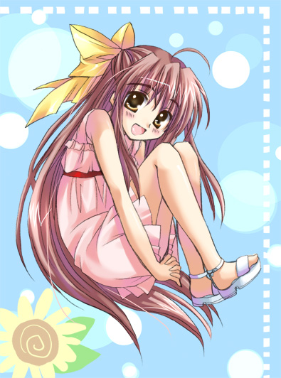 1girl, :d, ahoge, bow, brown_eyes, brown_hair, dress, hair_bow