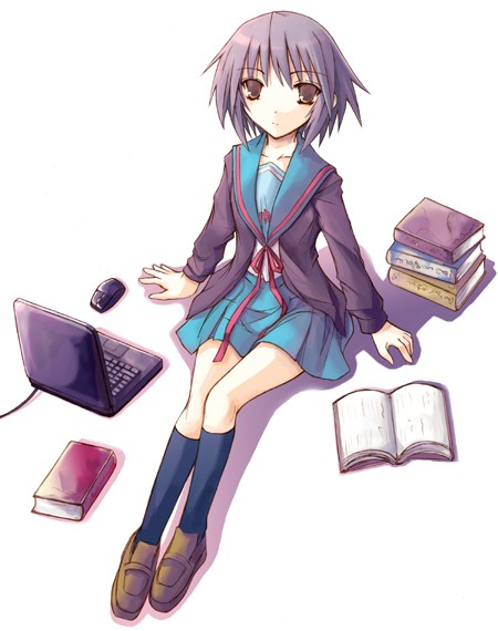 book, cardigan, computer, footwear, kneehighs, kotonemaru, laptop, nagato_yuki