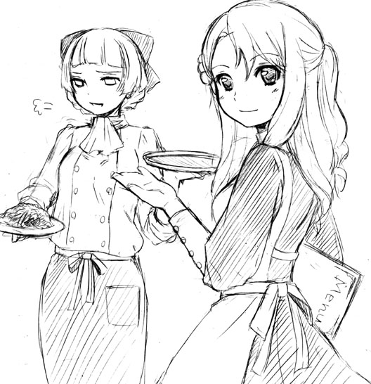 2girls, apron, breath, buttons, cravat, food, holding, long_sleeves