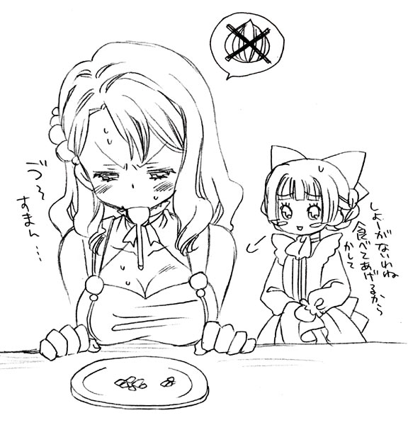 2girls, blush, bow, braid, breasts, cleavage, cravat, flying_sweatdrops