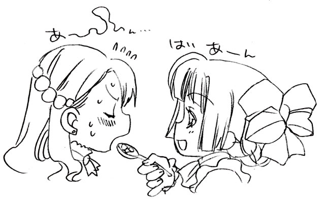 2girls, blush, feeding, mamiina, monochrome, multiple_girls, onion, simoun