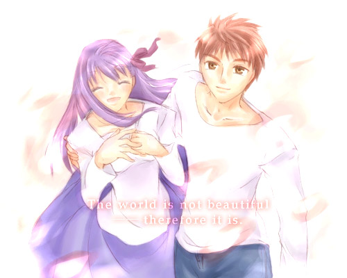arm_clutch, arm_hug, brown_eyes, emiya_shirou, fate/stay_night, fate_(series), long_hair, lowres