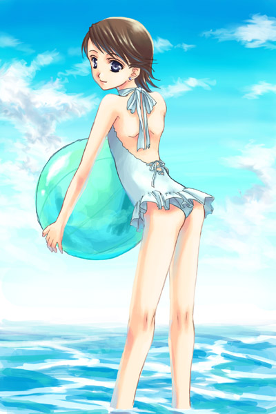 1boy, artist_request, ass, ball, beach, beachball, brown_hair, casual_one-piece_swimsuit