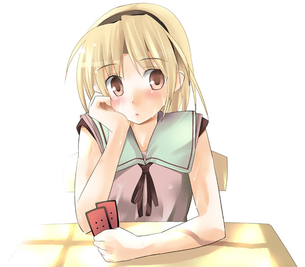 1girl, blonde_hair, card, higurashi_no_naku_koro_ni, holding, holding_card, houjou_satoko, playing_games