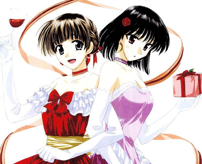 00s, 2girls, dress, elbow_gloves, gloves, kobayashi_jin, multiple_girls, sarah_adiemus