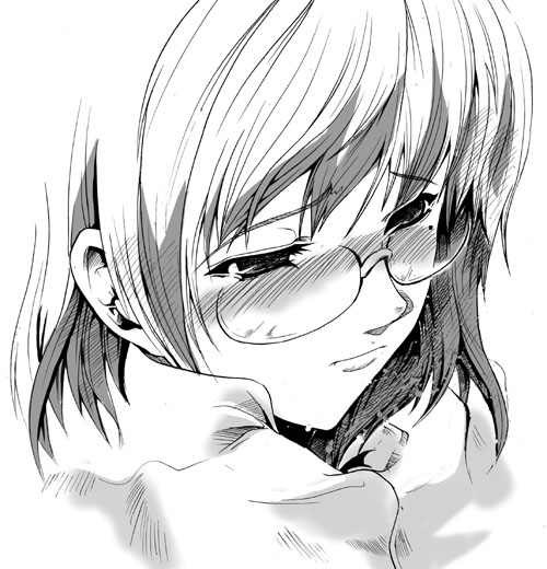 1girl, blush, face, frown, glasses, mole, mole_under_eye, monochrome