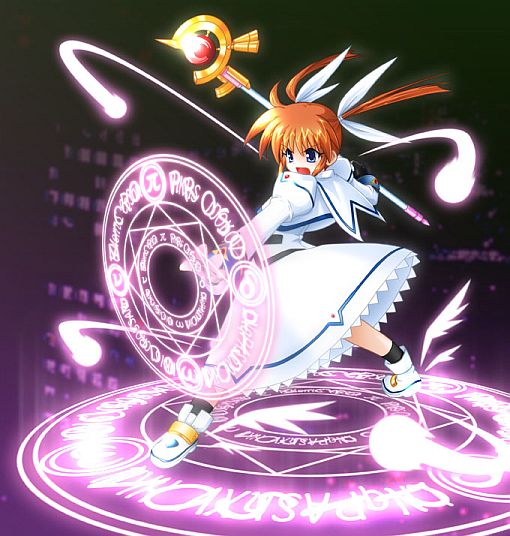 00s, 1girl, blue_eyes, energy_ball, fingerless_gloves, gloves, lyrical_nanoha, magazine_(weapon)