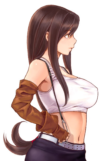 1girl, black_hair, breasts, brown_gloves, elbow_gloves, final_fantasy, final_fantasy_vii, from_side