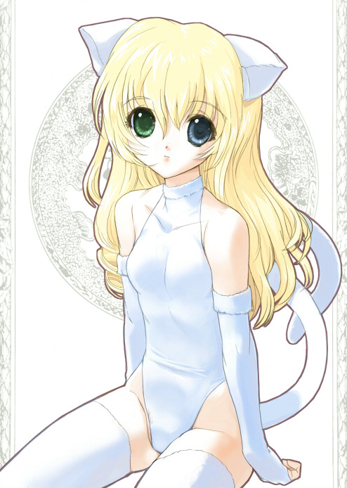 1girl, animal_ears, blonde_hair, blue_eyes, cat_ears, cat_tail, csy, elbow_gloves