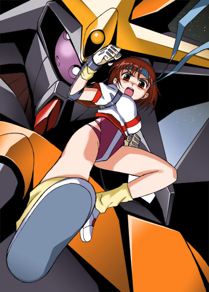 brown_eyes, brown_hair, gloves, gunbuster, headband, inazuma_kick, leg_warmers, legs
