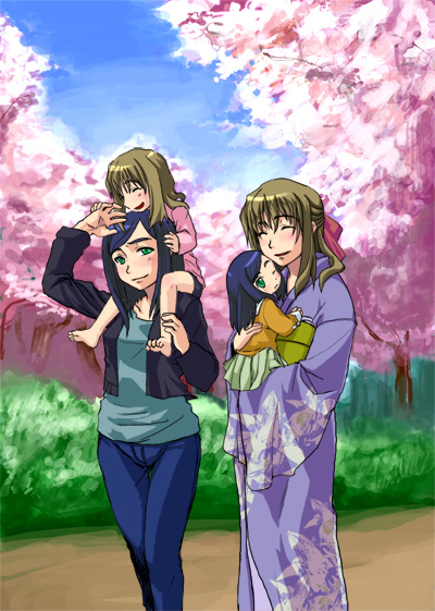 00s, 4girls, ^_^, age_difference, blush, closed_eyes, fujino_shizuru, happy