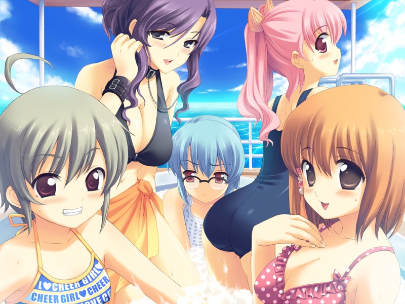 5girls, ahoge, ass, ayanobe_tamami, bath, bikini, blue_hair, blush
