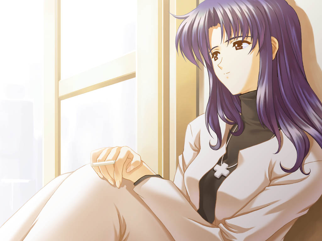 1girl, brown_eyes, cigarette, cross, cross_necklace, indoors, jewelry, katsuragi_misato