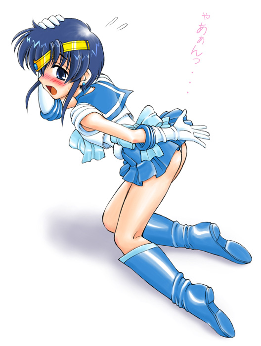 1boy, bishoujo_senshi_sailor_moon, blue_boots, blue_skirt, blush, boots, cosplay, full_body, knee_boots, magical_girl, male_focus, mizuno_ami, mizuno_ami_(cosplay), original, sailor_mercury, sailor_mercury_(cosplay), simple_background, skirt, solo, source_request, spark_utamaro, trap, white_background