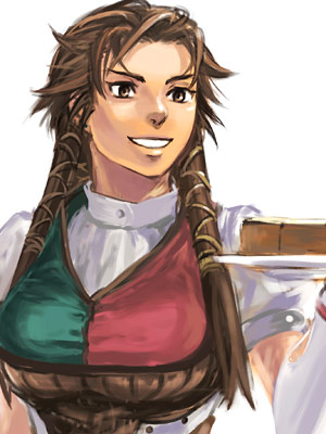 1girl, bernadette_egan, breasts, brown_eyes, brown_hair, cake, food, gensou_suikoden