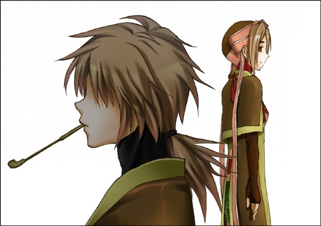 1boy, 1girl, brown_hair, gensou_suikoden, gensou_suikoden_v, gloves, hat, lowres, ponytail, puramairain, sagiri, shigure, shigure_(gensou_suikoden), white_background