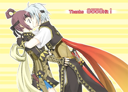 1boy, 1girl, couple, freyjadour_falenas, gensou_suikoden, gensou_suikoden_v, hetero, kiss, lowres, miakis, puramairain, purple_hair, violet_eyes