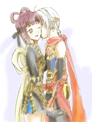 1boy, 1girl, couple, freyjadour_falenas, gensou_suikoden, gensou_suikoden_v, hetero, lowres, miakis, puramairain, purple_hair, violet_eyes