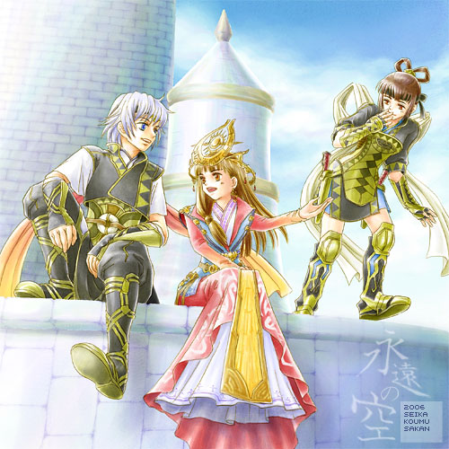 1boy, 2girls, :d, armor, blue_eyes, boots, brown_eyes, brown_hair