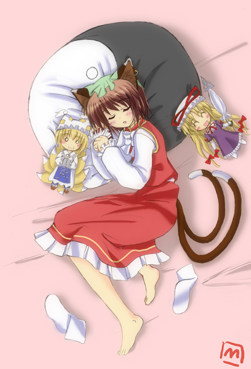 1girl, :3, animal_ears, barefoot, brown_hair, cat_ears, cat_tail, character_doll
