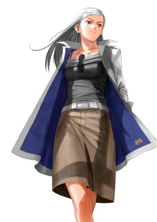 1girl, coat, from_below, long_hair, red_eyes, simple_background, skirt, solo