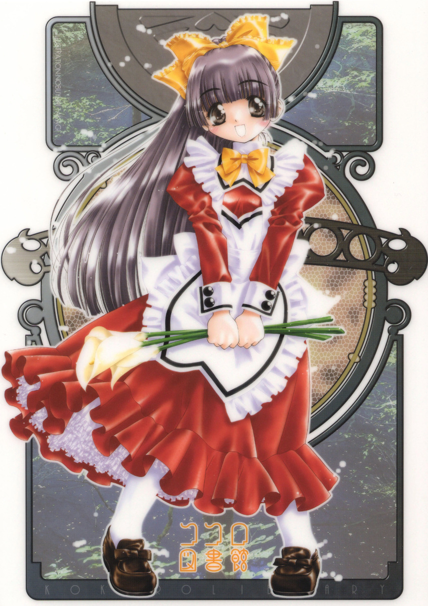 00s, 1girl, :d, absurdres, apron, blush, bow, bowtie