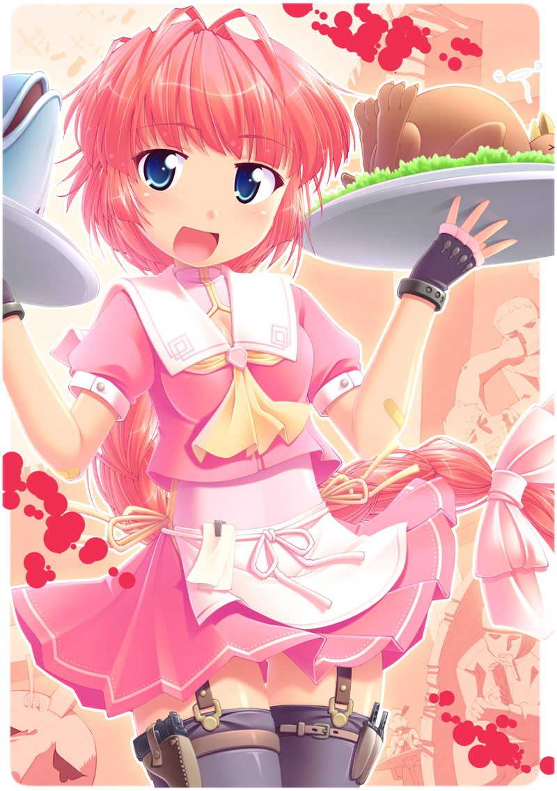 apron, bow, braid, braids, breasts, cleavage, food, handgun