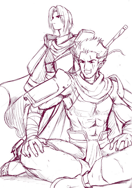 2boys, benawi, kurou, kurou_(utawareru_mono), male_focus, monochrome, multiple_boys, purple, sketch, utawareru_mono, yasakani_an