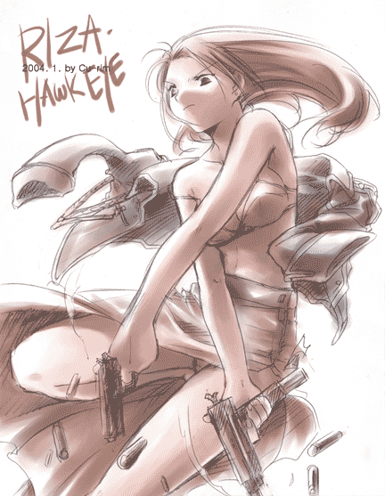 00s, 1girl, bra, casing_ejection, dual_wielding, fullmetal_alchemist, gun, hair_down