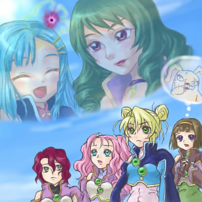 6+girls, aeru, armor, blonde_hair, blue_eyes, blue_sky, breastplate, brooch