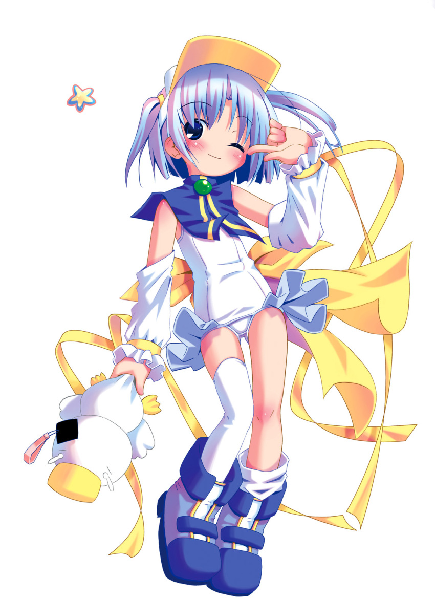 1girl, ah-kun, asymmetrical_clothes, bird, blue_eyes, blue_hair, detached_sleeves, duck, highres, ink-tan, loose_socks, moetan, one-piece_swimsuit, one_eye_closed, pastel_ink, pop, ribbon, school_swimsuit, short_hair, single_thighhigh, socks, solo, swimsuit, thigh-highs, visor, visor_cap, white_school_swimsuit, white_swimsuit, wink