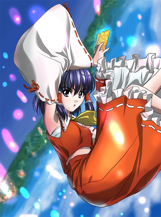 1girl, bow, brown_eyes, brown_hair, cravat, detached_sleeves, falling, female, hair_bow, hair_tubes, hakurei_reimu, long_sleeves, ofuda, red_bow, red_skirt, ribbon-trimmed_sleeves, ribbon_trim, sarashi, skirt, solo, touhou, vest, yamaguchi_takashi, yamaguchi_yuu