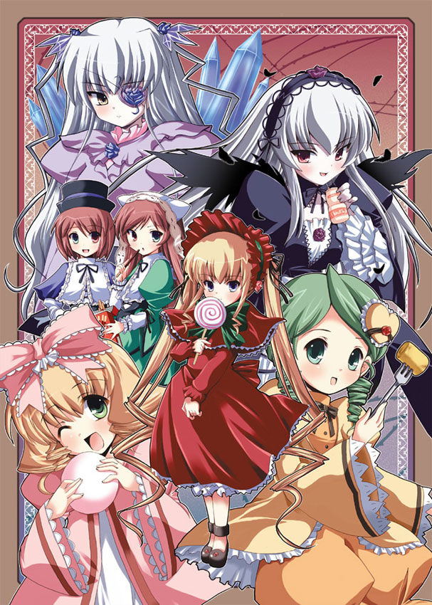 00s, 6+girls, barasuishou, blonde_hair, bow, candy, hina_ichigo, kanaria