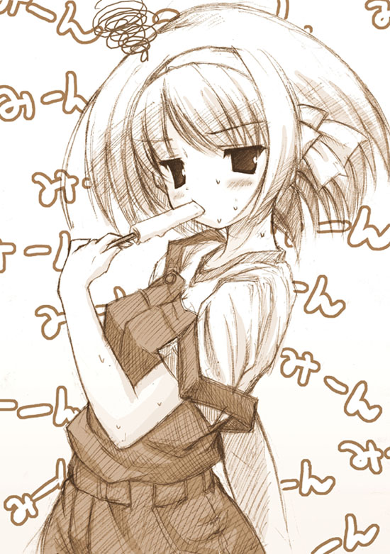 1girl, brown, monochrome, nishikiori_jin, nishikiori_kami, overalls, popsicle, sketch