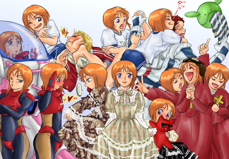 2boys, 6+girls, amuro_ray, bad_anatomy, blush, bodysuit, buruma, char_aznable, clone, closed_eyes, cross, dress, elpeo_puru, gloves, gundam, gundam_zz, gym_uniform, haro, hug, kicking, monty_python, multiple_boys, multiple_girls, nun, one_eye_closed, orange_hair, pilot_suit, poorly_drawn, puru_two, salute, spanish_inquisition, tongue, violet_eyes, wink
