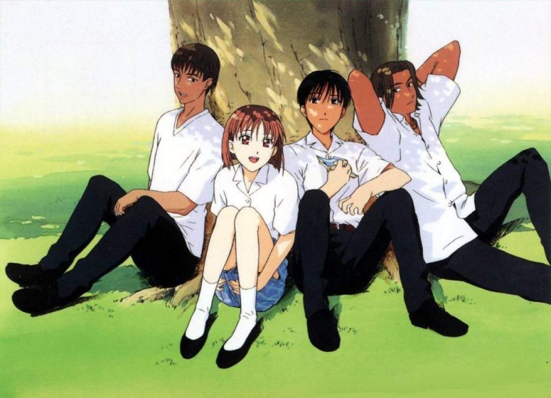 1girl, 3boys, 90s, against_tree, arima_souichirou, asaba_hideaki, black_hair, book