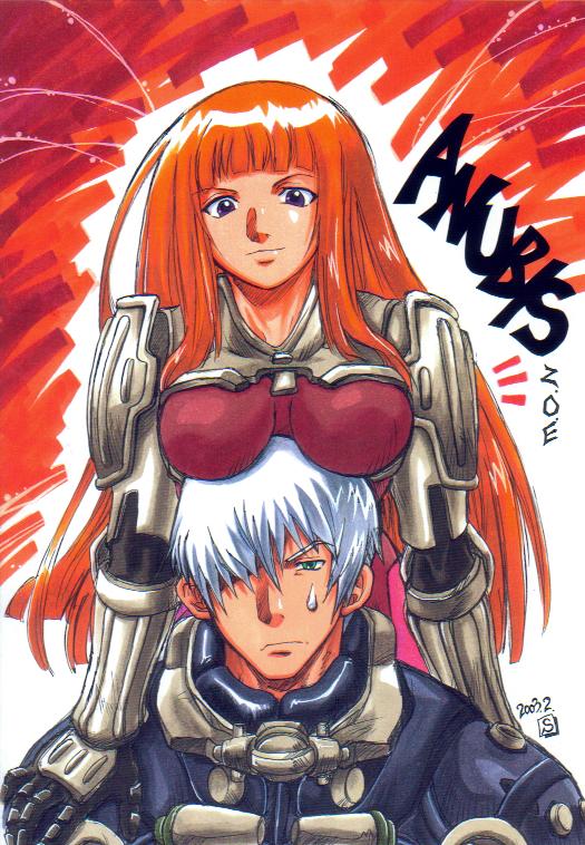 00s, 1boy, 1girl, breast_rest, breasts, breasts_on_head, dingo, dingo_egret, ken_marinaris, large_breasts, long_hair, redhead, sweatdrop, zoe2, zone_of_the_enders, zone_of_the_enders_2